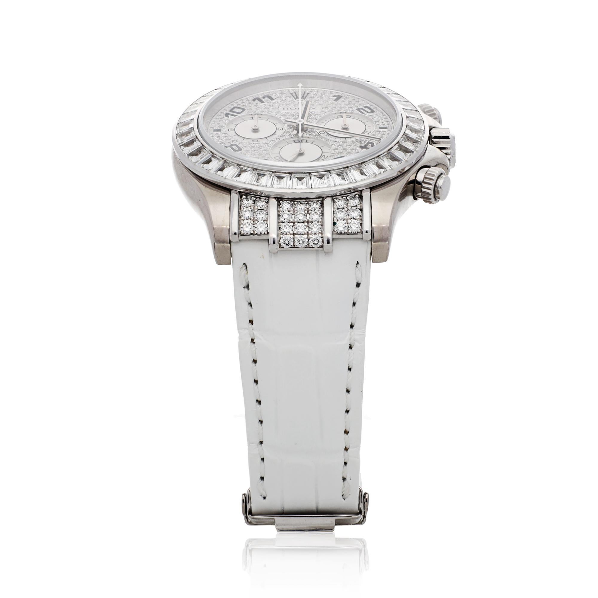 40MM Cosmograph Daytona 18K White Gold, Baguette Diamond Bezel, Pave Diamond Dial, Brilliant-Cut Diamonds on Attachments.

Basic Info
Brand - Rolex
Design - Daytona with Baguette and Brilliant Diamonds
Reference number - 116599TBR
Movement -