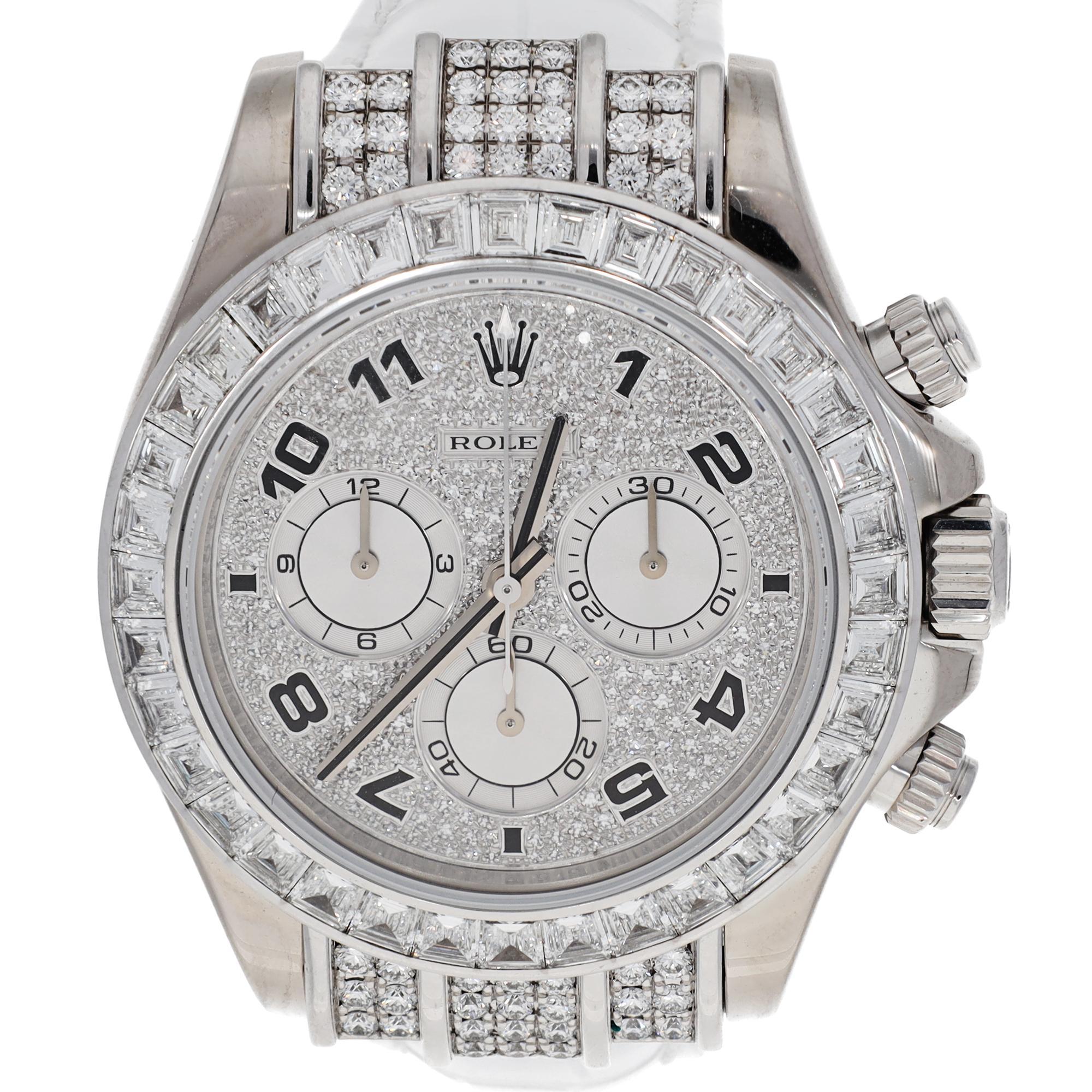 Women's or Men's ROLEX White Gold Cosmograph Daytona with Baguette Diamond Bezel Watch For Sale