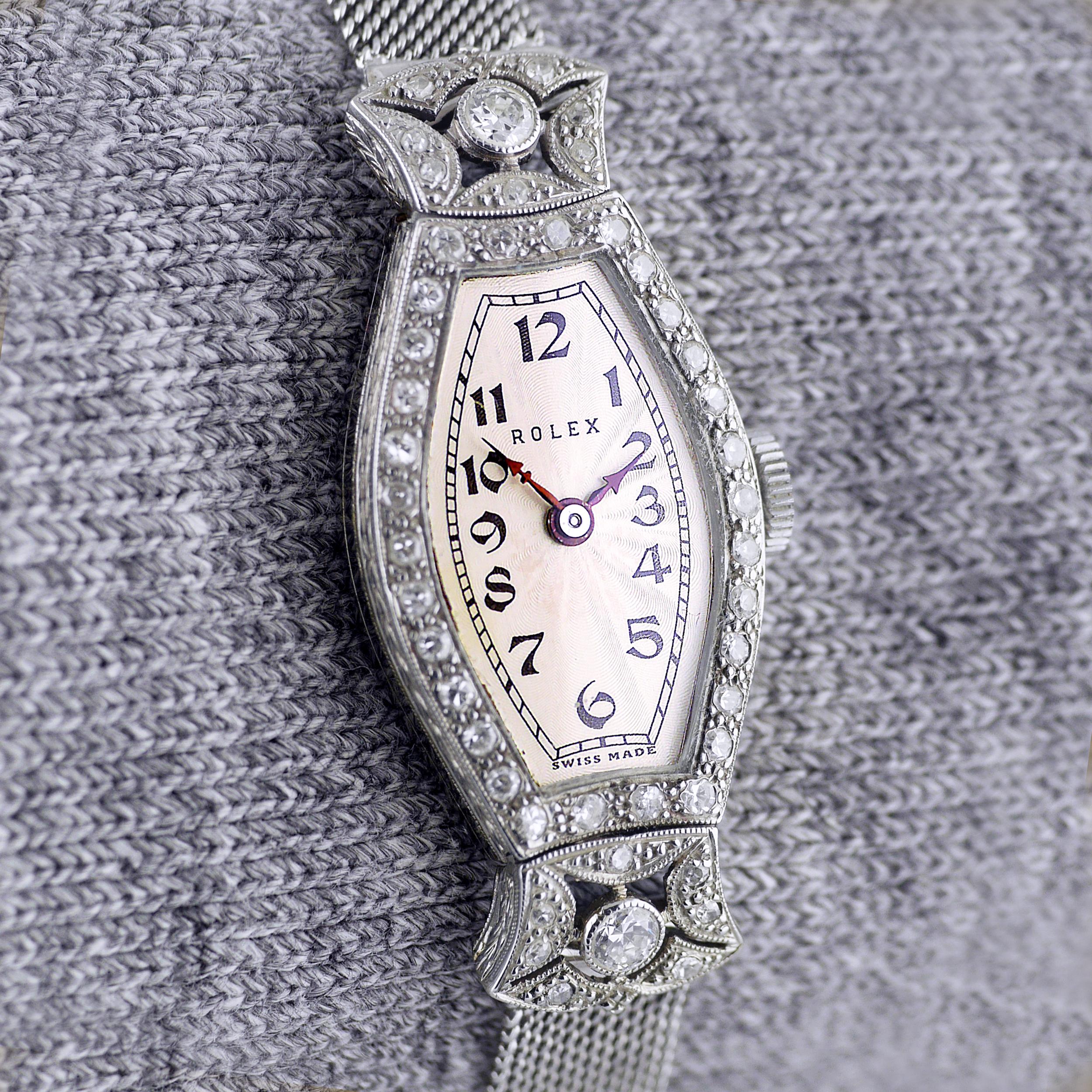 Rose Cut Rolex, White Gold & Diamond Art Deco Wristwatch, Dated 1927 For Sale