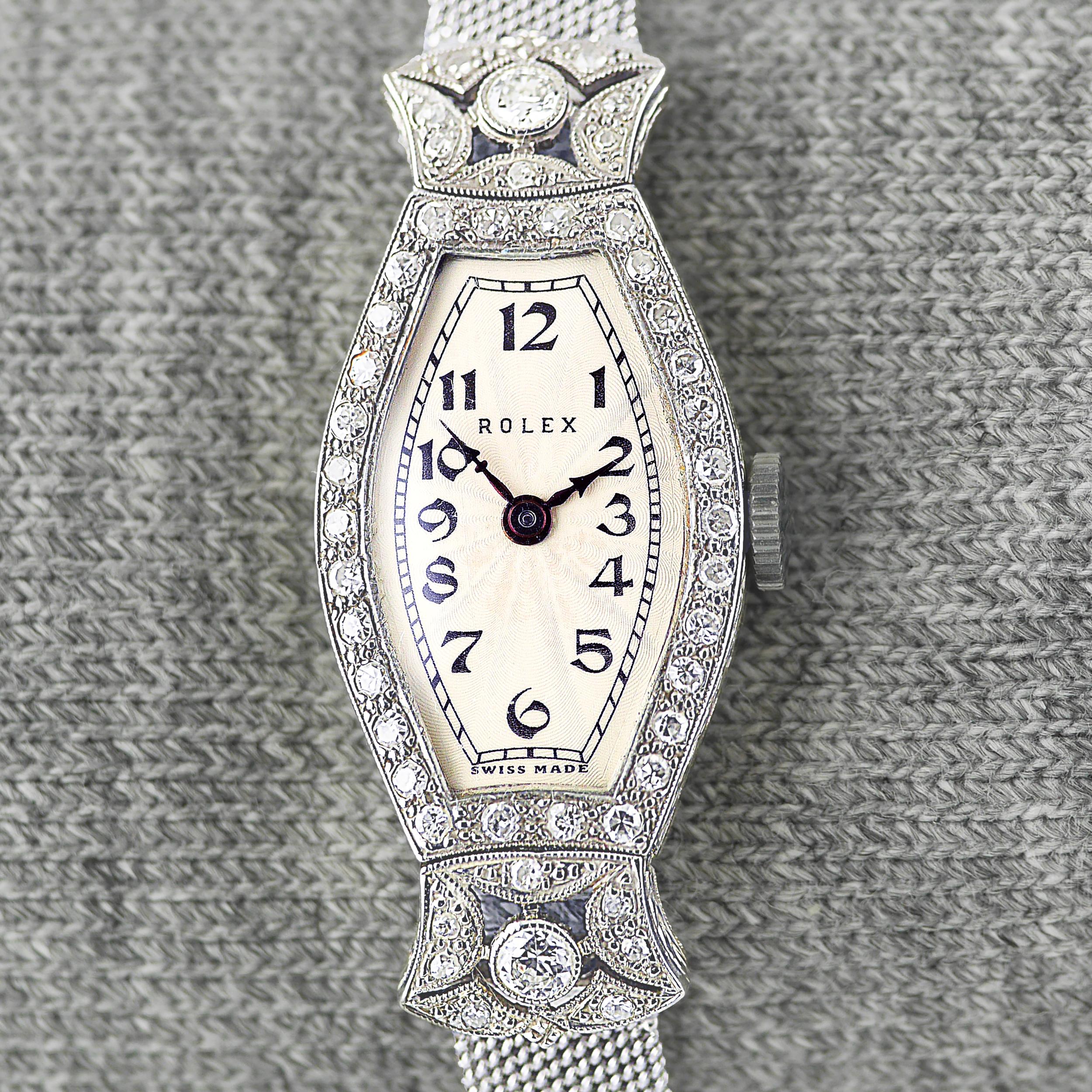 Rolex, reloj de pulsera Art Déco de oro blanco y diamantes, fechado en 1927 en Excelente estado para la venta en London, GB
