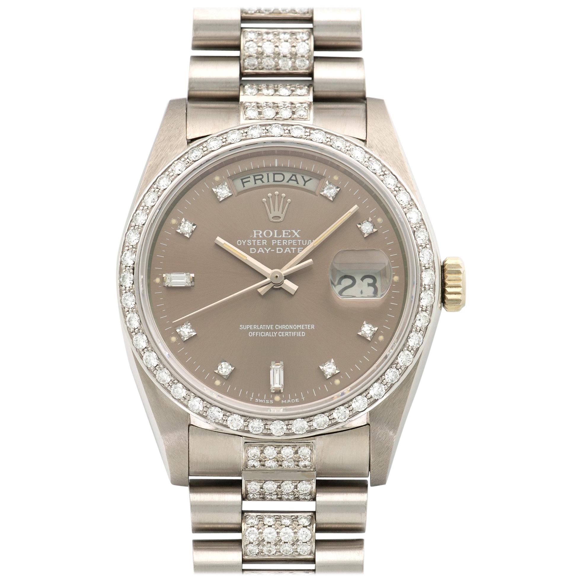 Rolex White Gold Diamond Day-Date Bracelet Wristwatch Ref 18049