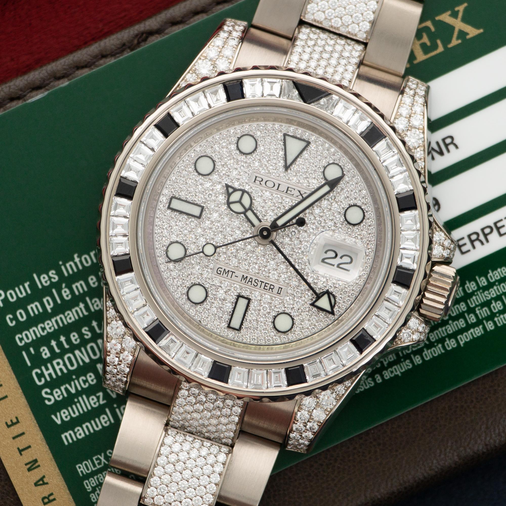 An 18k White Gold GMT-Master II Diamond Watch by Rolex. Model Number 116759SANR. All Original in Mint Condition with Box, Manuals, and Warranty Card.  Sold Originally in 2013 in a very limited production. 