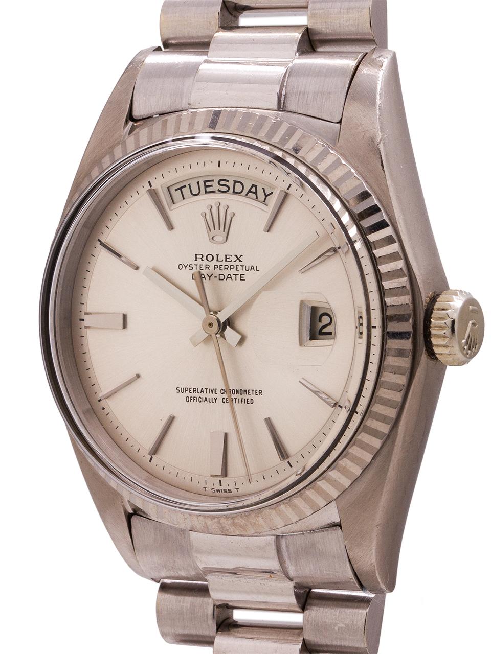 Vintage Rolex Day Date President ref 1803 serial no 5.1 million circa 1977. Featuring 36mm diameter case with fluted bezel and acrylic crystal. This example features a robust case with very heavy lugs that have not been over polished. A well