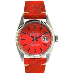 Rolex White Gold Stainless Steel Datejust Custom Red Dial Watch