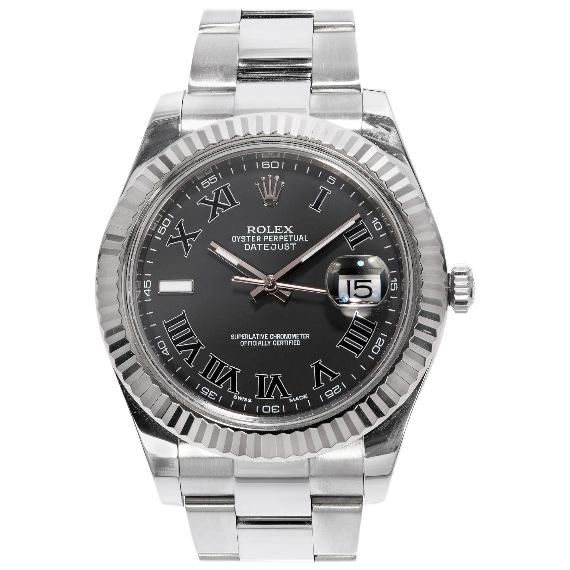 Rolex White Gold Stainless Steel Datejust Roman Dial Wristwatch Ref 116334