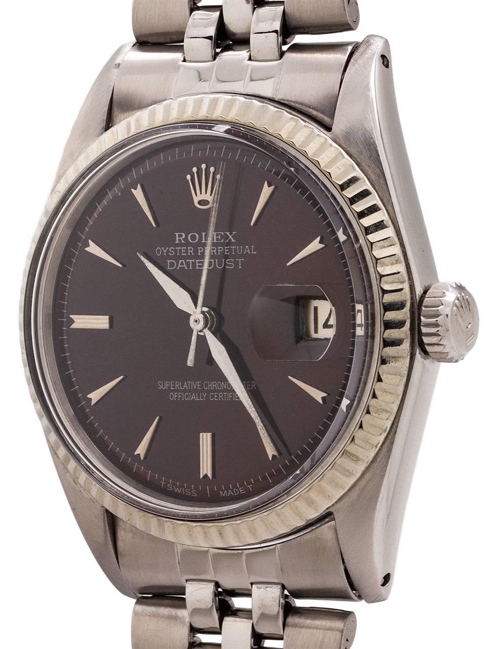 
Rolex Datejust ref 1601 serial # 952,xxx, circa 1963. Featuring a full size man’s 36mm diameter stainless steel case with 14K white gold fluted bezel and acrylic crystal. With a gorgeous custom  colored bronze dial, with applied tapered and faceted