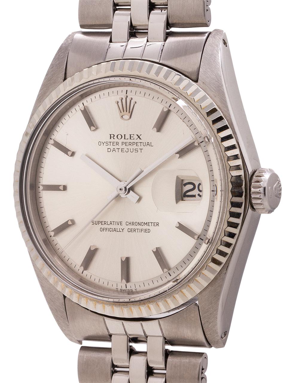 Rolex Stainless Steel Datejust ref # 1601 serial# 12.4 million circa 1968. 36mm diameter case with 14K white gold fluted bezel and acrylic crystal. Original silvered satin pie pan dial with applied silver indexes and silver baton hands. Powered by