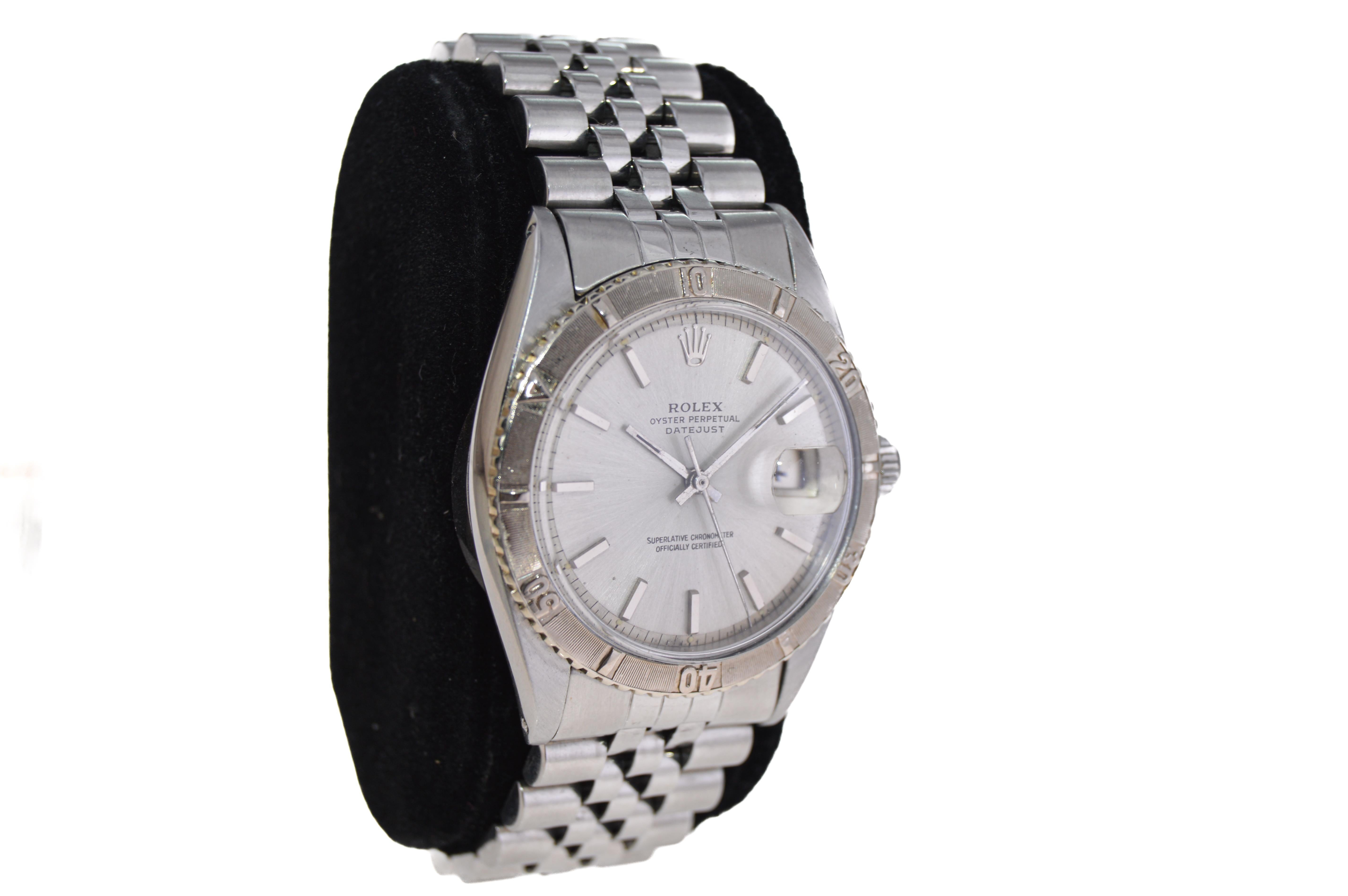 FACTORY / HOUSE: Rolex Watch Company
STYLE / REFERENCE: Oyster Perpetual / Thunderbird Bezel / Reference 1625
METAL / MATERIAL: Stainless Steel / 14Kt. White Gold Bezel
DIMENSIONS:  Length 42mm X Diameter 34mm
CIRCA: Mid 1960's
MOVEMENT / CALIBER: 