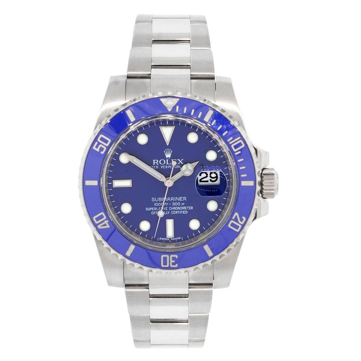Brand: Rolex
MPN: 116619LB
Model: Submariner
Case Material: 18k white gold
Case Diameter: 40mm
Crystal: Scratch resistant sapphire
Bezel: Ceramic blue bezel (factory)
Dial: Blue dial (factory)
Bracelet: 18k white gold oyster band
Size: Will fit a