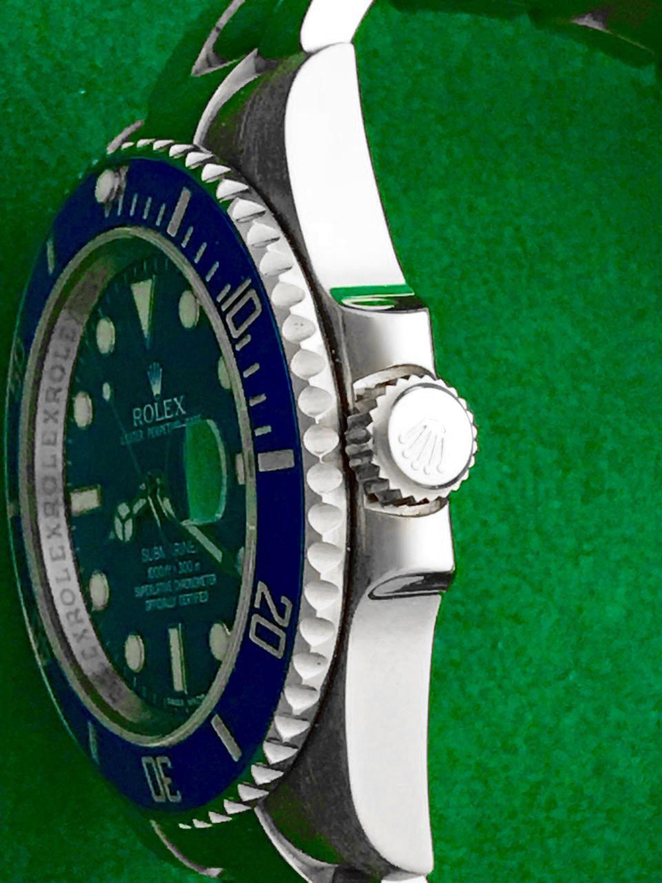 Stunning Rolex Mens 18k White Gold Blue Dial Blue Ceramic Bezel Submariner Model 116619.  Automatic Winding Oyster Perpetual Date Movement.  Features an 18k White Gold case with Blue Ceramic Bezel, diameter 41mm. 18k White Gold Oyster bracelet with