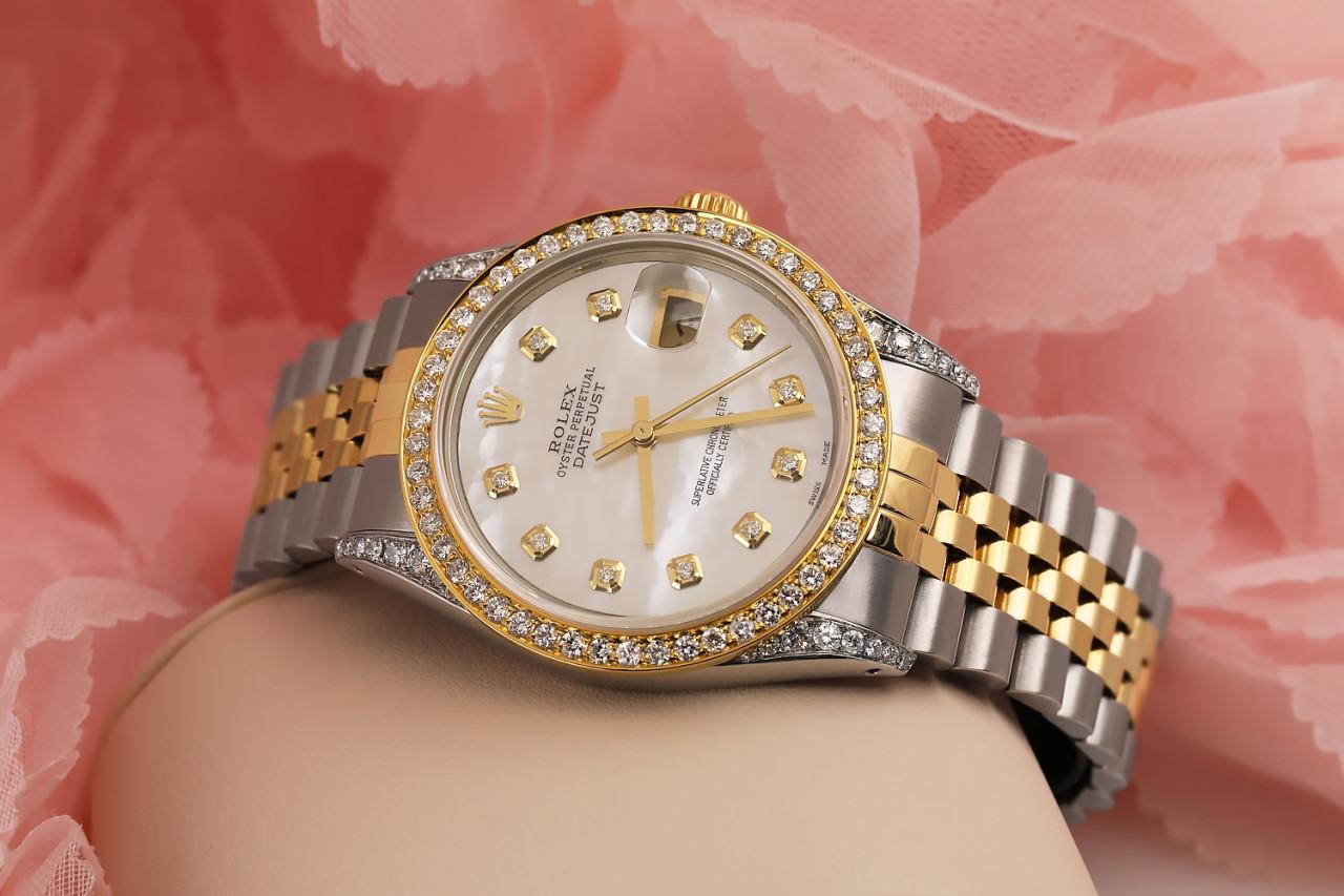 Round Cut Rolex White Mother of Pearl Dial with Round Diamonds Datejust Watch 16013 For Sale