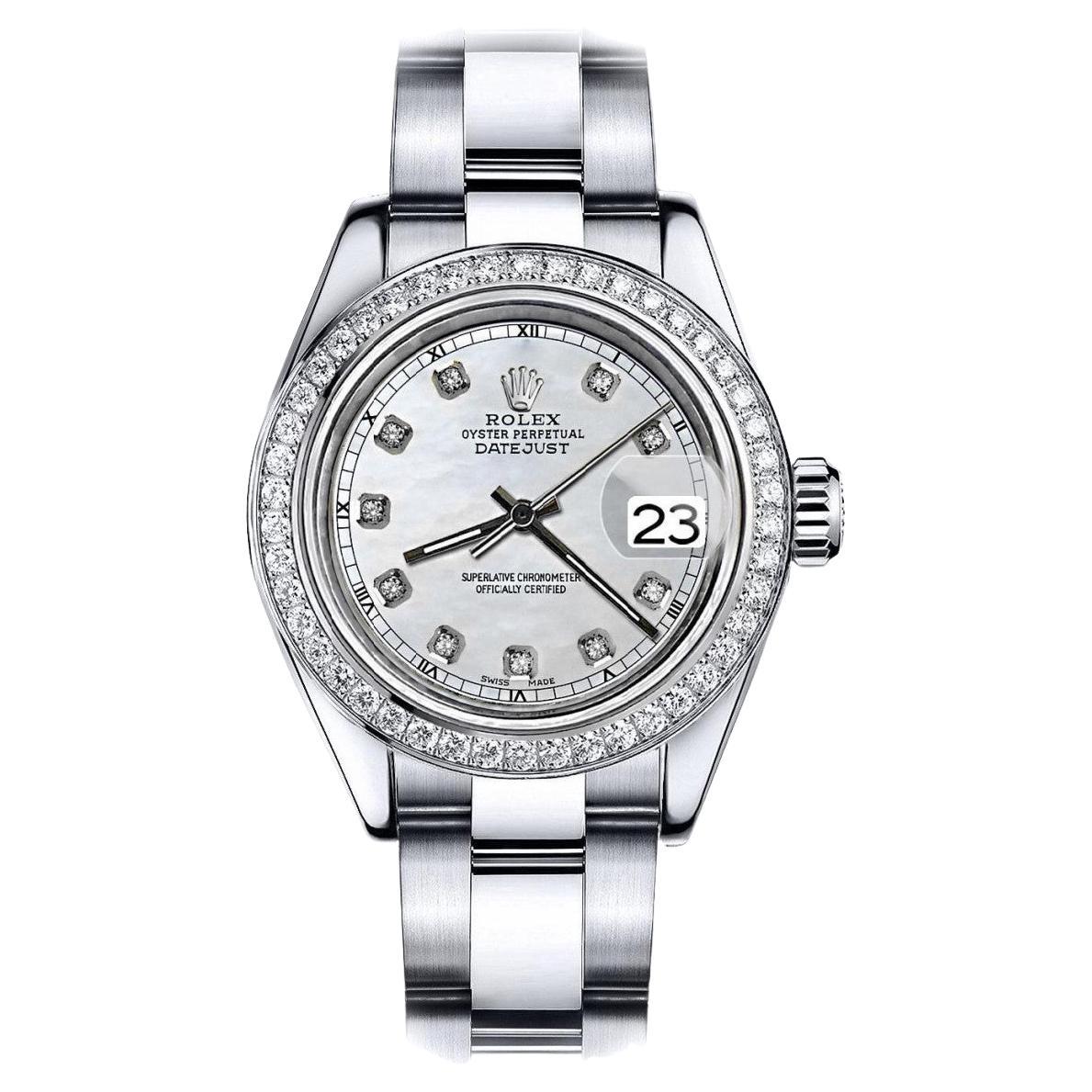 Rolex White Natural Pearl Datejust SS Oyster Bracelet & Diamond Bezel 68274 For Sale