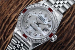 Rolex White Pearl Datejust SS Diamond & Ruby Bezel Ladies Watch 69160