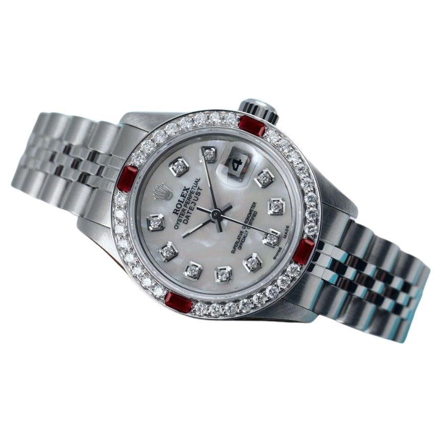 Rolex White Pearl Datejust SS Diamond & Ruby Bezel Ladies Watch 69160 For Sale