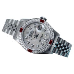 Rolex White Pearl Datejust SS Diamond & Ruby Bezel Ladies Watch 69160