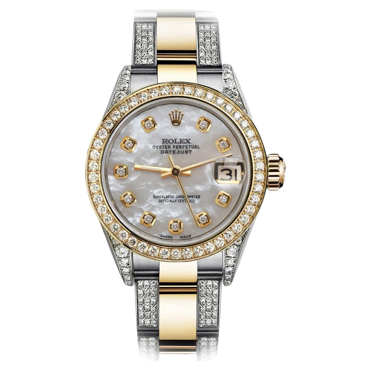 Rolex White Pearl Datejust Oyster Two Tone 18K Gold + SS + Side Diamonds 68273 For Sale