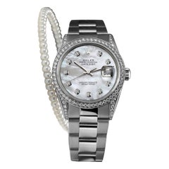 Rolex White Pearl Datejust Stainless Steel Natural Diamonds Bezel & lugs 16030