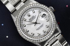 Rolex White Pearl String Datejust SS Diamond Bezel Lug & Center Band Watch 16014