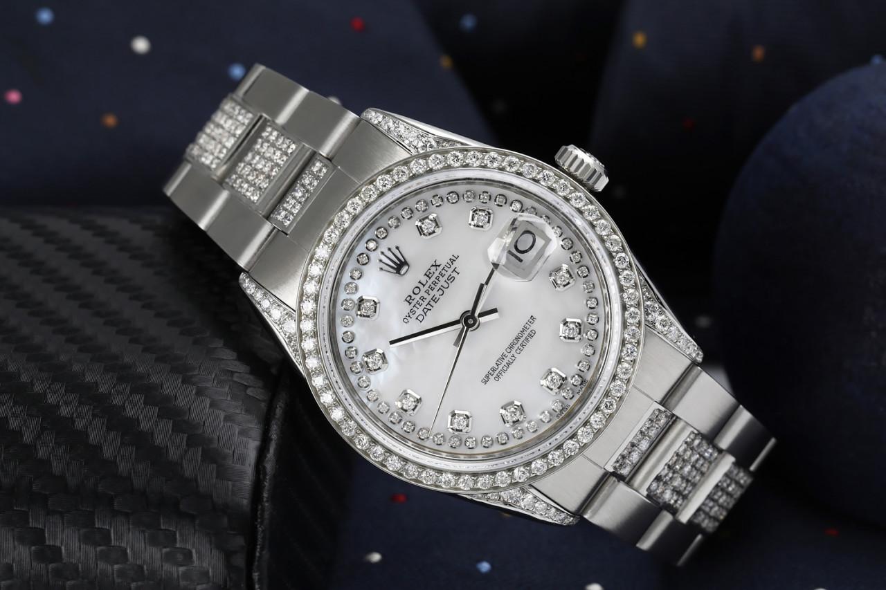 Rolex White Pearl String Datejust SS Diamond Bezel Lug & Center Band Watch 16014 In Excellent Condition For Sale In New York, NY