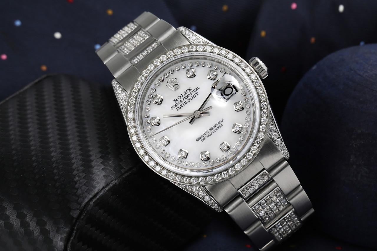 Men's Rolex White Pearl String Datejust SS Diamond Bezel Lug & Center Band Watch 16014 For Sale