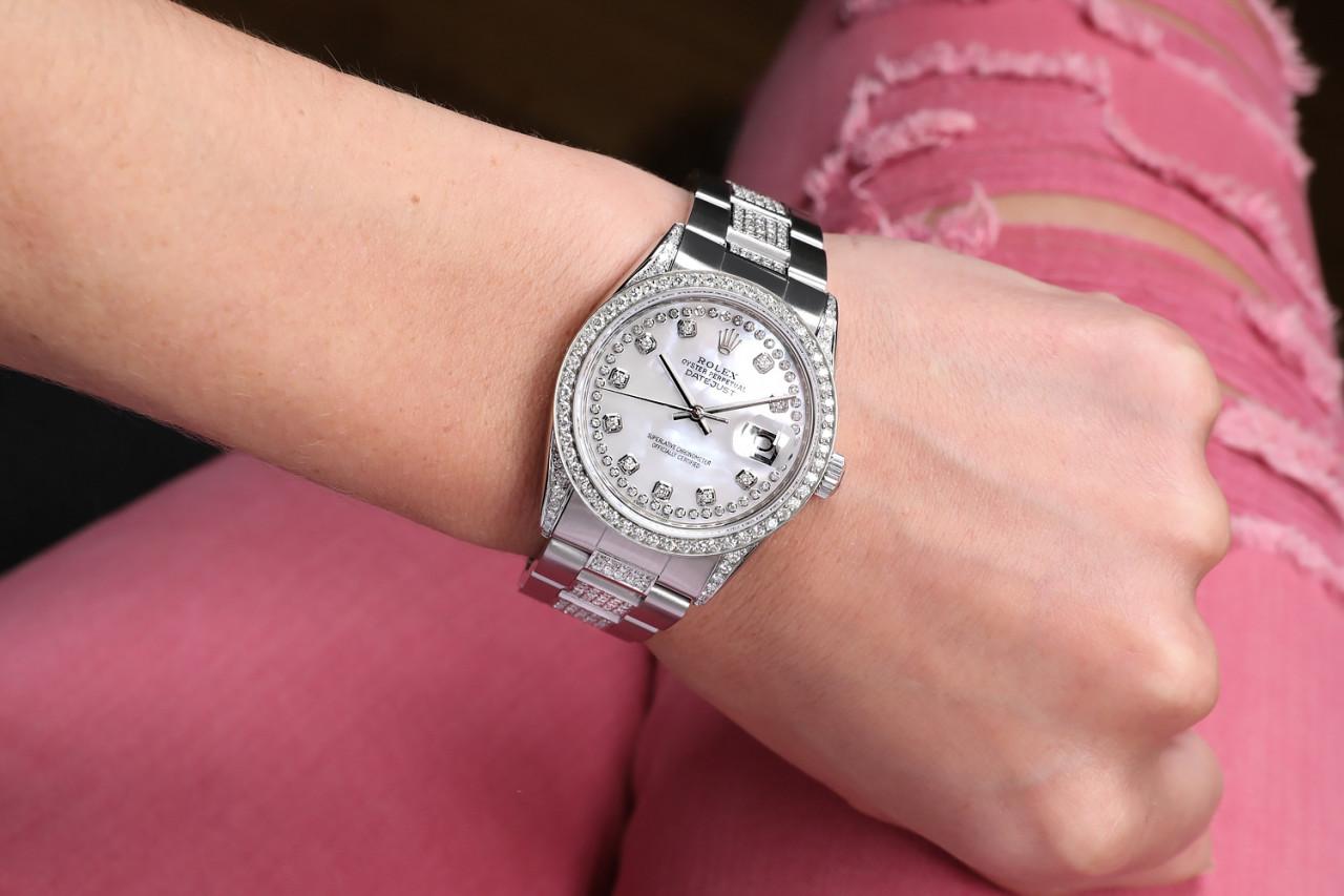 Rolex White Pearl String Datejust SS Diamond Bezel Lug & Center Band Watch 16014 For Sale 4
