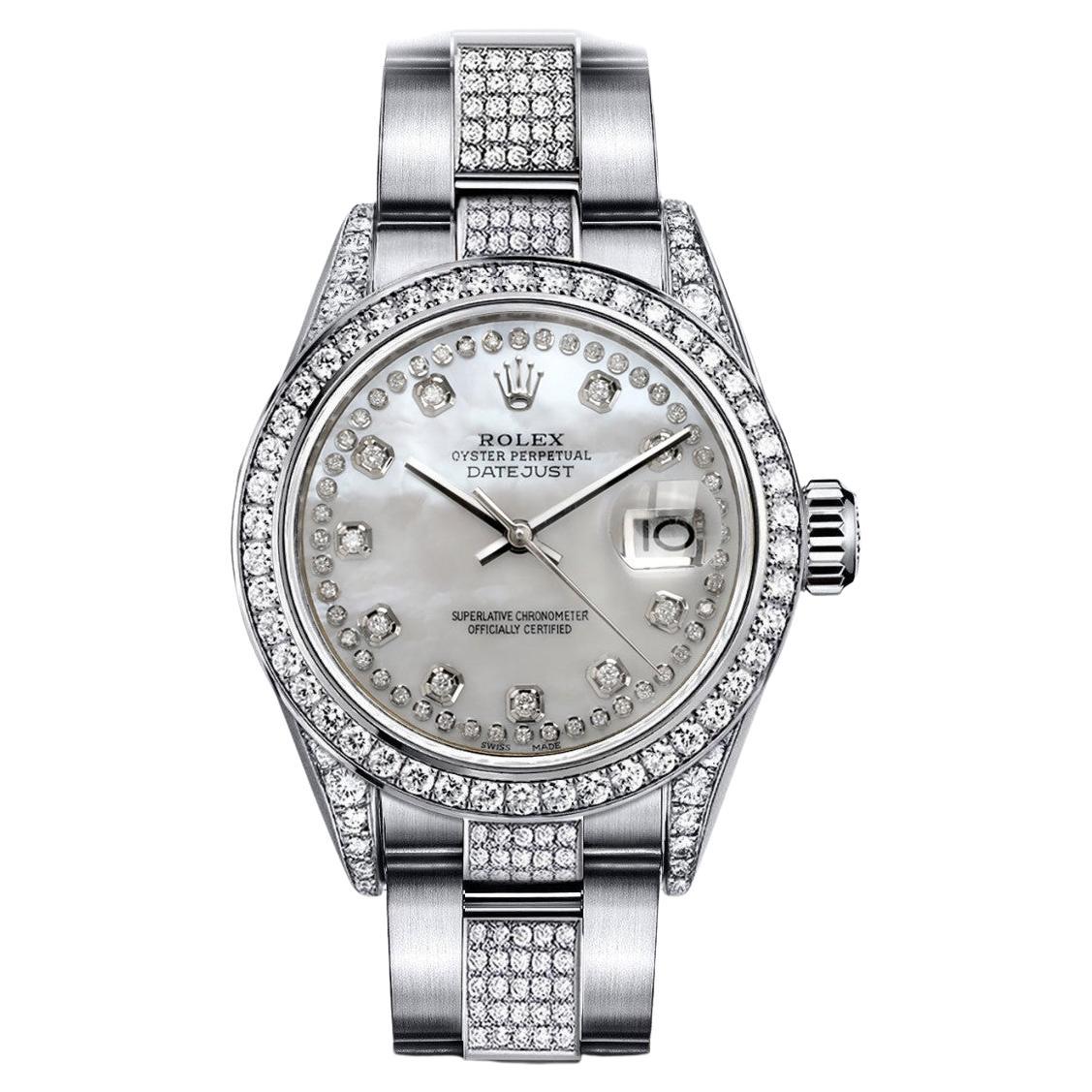 Rolex White Pearl String Datejust SS Diamond Bezel Lug & Center Band Watch 16014 For Sale