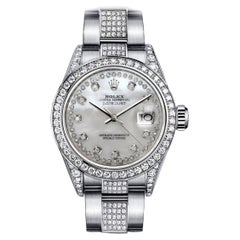 Vintage Rolex White Pearl String Datejust SS Diamond Bezel Lug & Center Band Watch 16014