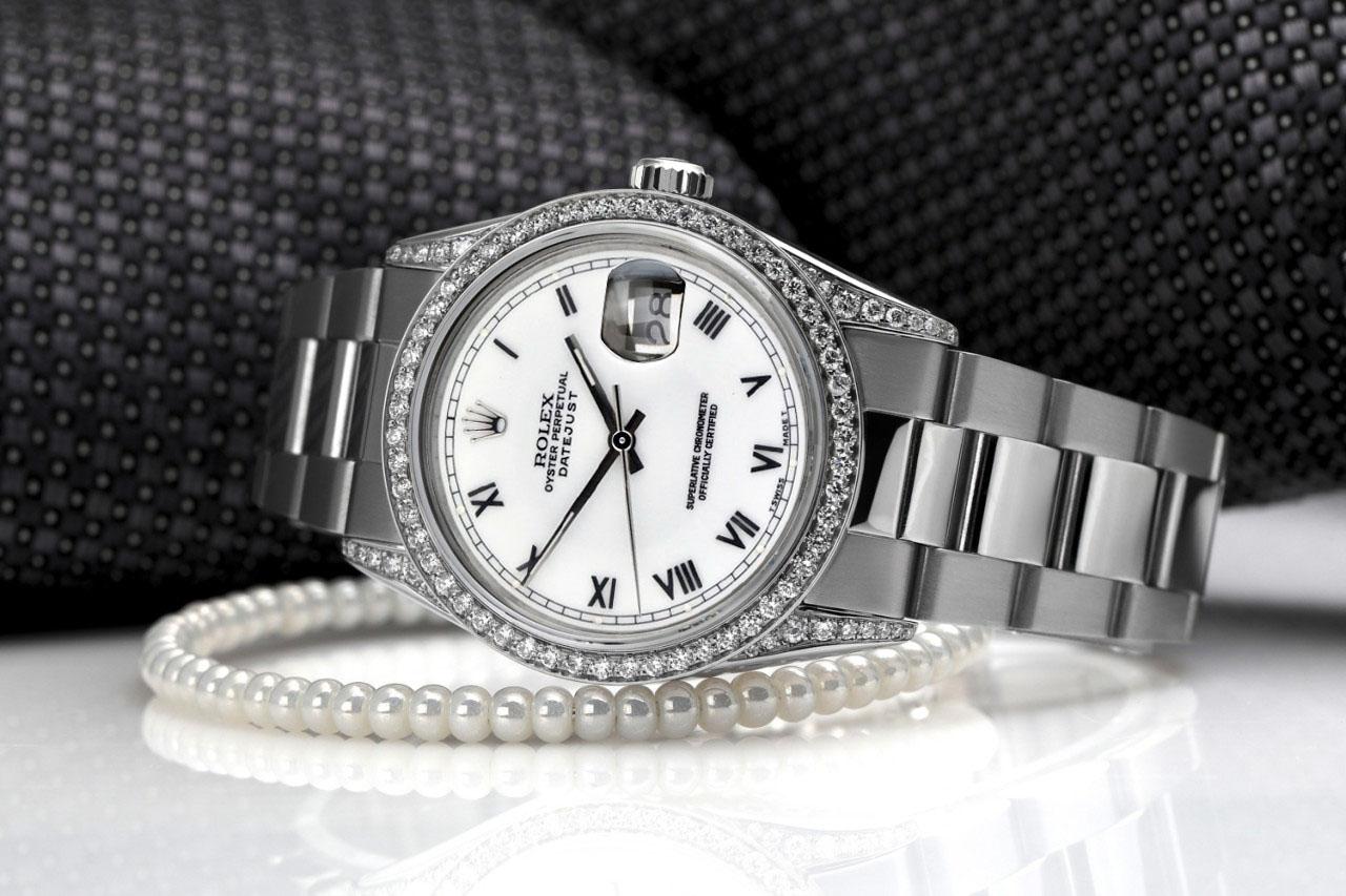 Rolex White Roman Dial Datejust Diamond Bezel/Lugs Stainless Steel Watch In Excellent Condition For Sale In New York, NY