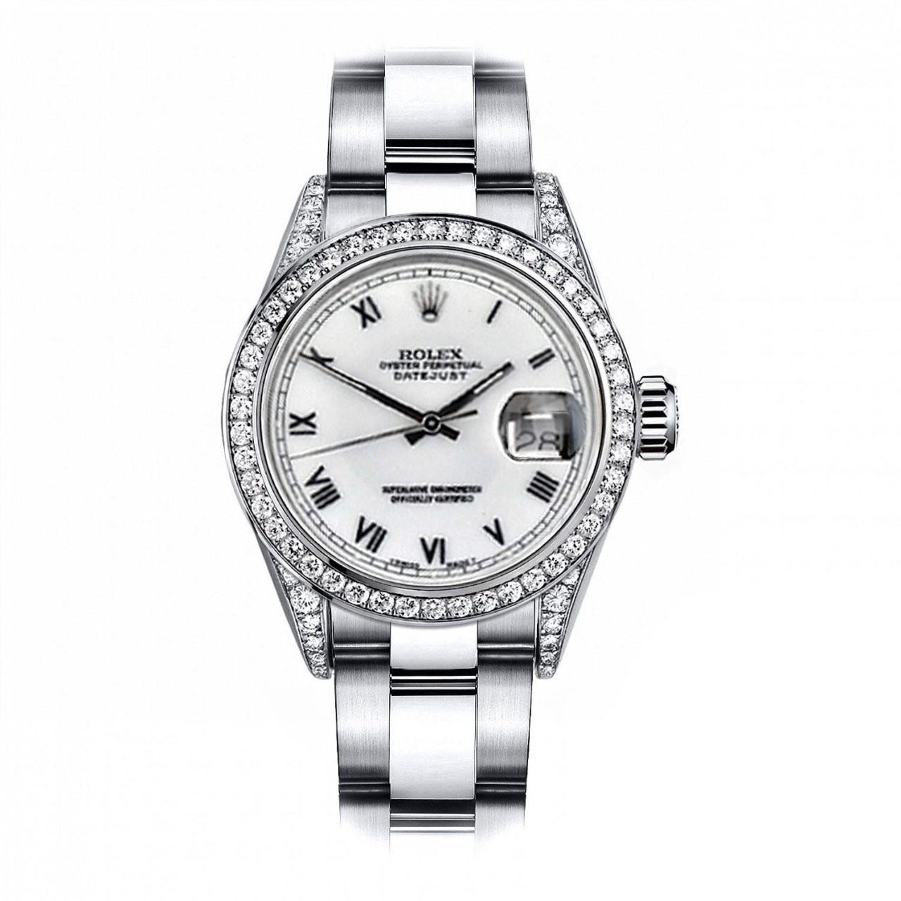 Rolex White Roman Dial Datejust Diamond Bezel/Lugs Stainless Steel Watch For Sale
