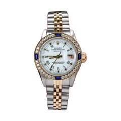 Rolex White Roman Dial Diamond/Sapphire Bezel Two Tone Watch