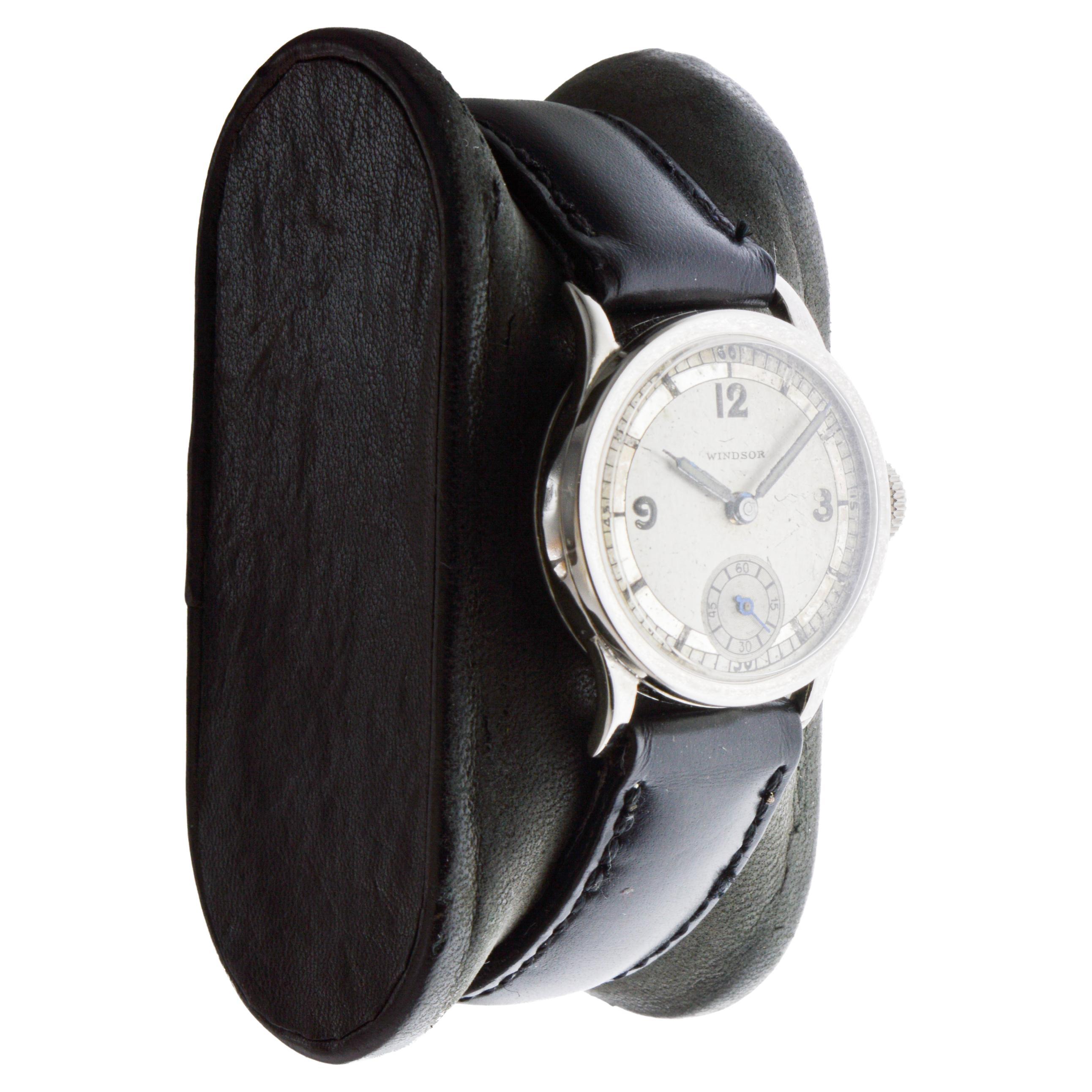 FACTORY / HOUSE:  Windsor by Rolex 
STYLE / REFERENCE: Art Deco / Reference 2344
METAL / MATERIAL: Stainless Steel
CIRCA / YEAR: 1930's
DIMENSIONS / SIZE: Length 30mm X Diameter 26mm
MOVEMENT / CALIBER: Manual Winding / 15 Jewels / 10.5 Ligne
DIAL /
