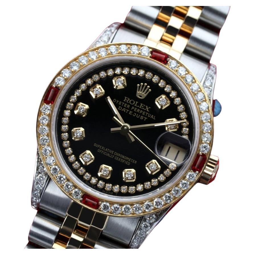 Montre Datejust bicolore pour femme de Rolex - Jubilé - Cordon noir - Accentué de diamants 69173