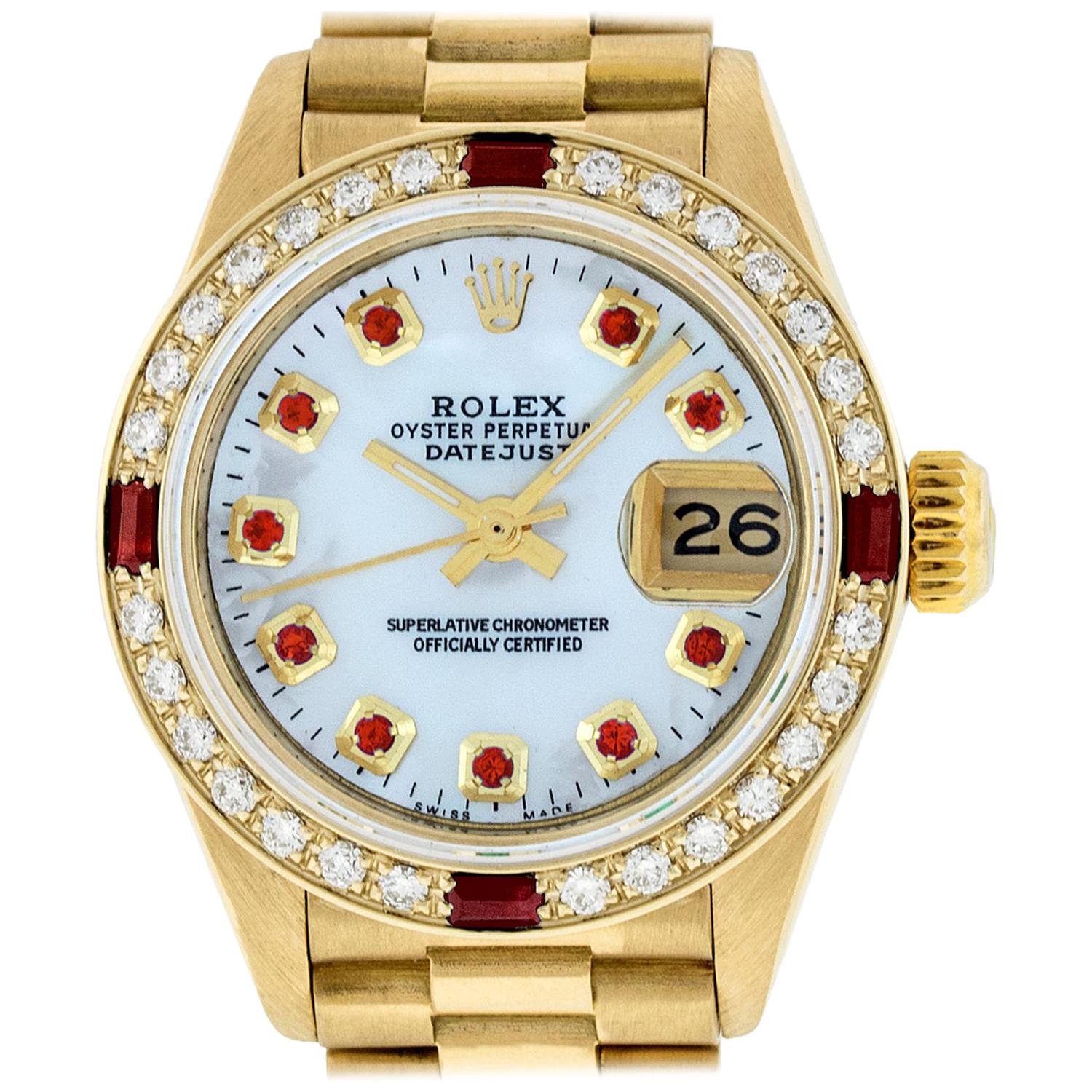 Rolex Women's Datejust President Watch 18K Yellow Gold MOP Diamond Dial Ruby