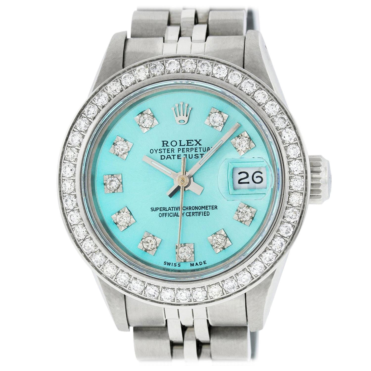 Rolex Women's Datejust Watch Stainless Steel Ice Blue Diamond Dial
