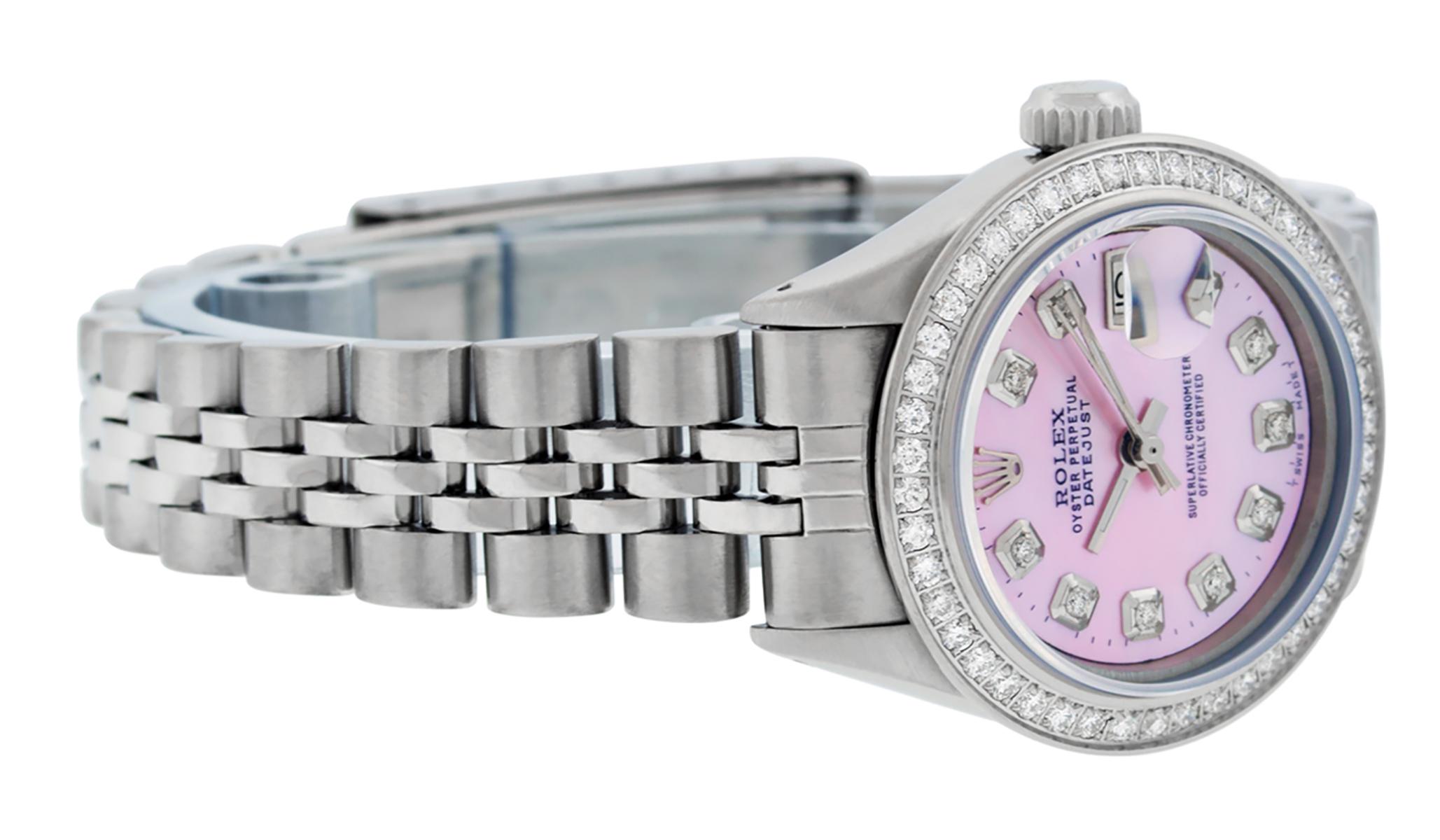 Round Cut Rolex Women's Datejust Watch Stainless Steel Pink Mother of Pearl Diamond Dial