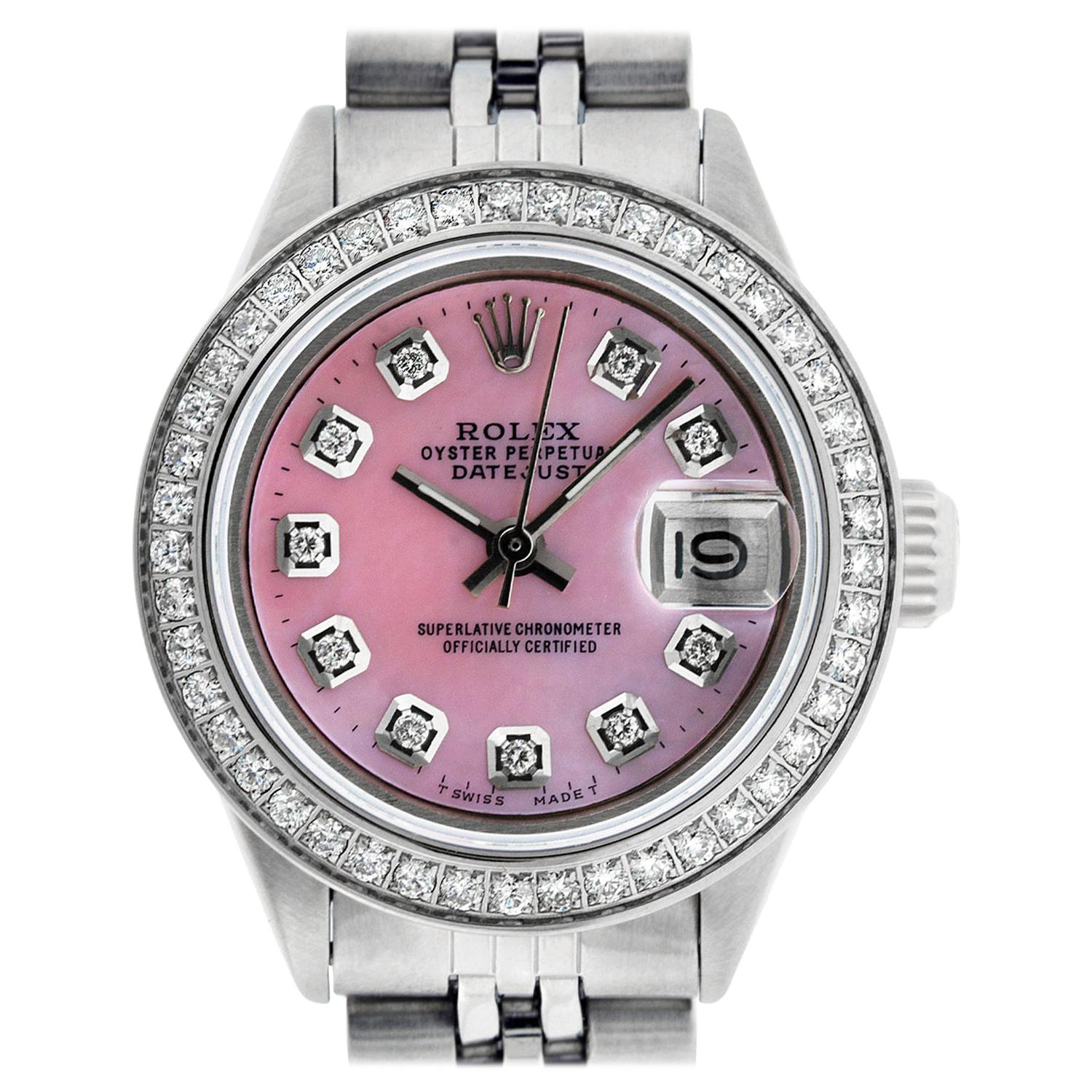 Rolex Women's Datejust Watch Stainless Steel Pink Mother of Pearl Diamond Dial