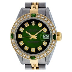 Vintage Rolex Women's Datejust Watch Steel / 18 Karat Gold Green Diamond Dial Emerald