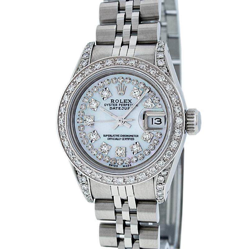 WATCH DESCRIPTION

BRAND : Rolex
MODEL : Datejust
CASE SIZE : 26mm
CASE : Rolex Stainless Steel Case set with Aftermarket Genuine Round Diamonds
GENDER : Women's

WATCH FEATURES
 
DIAL : Rolex Professionally Refinished Mother of Pearl Dial set with