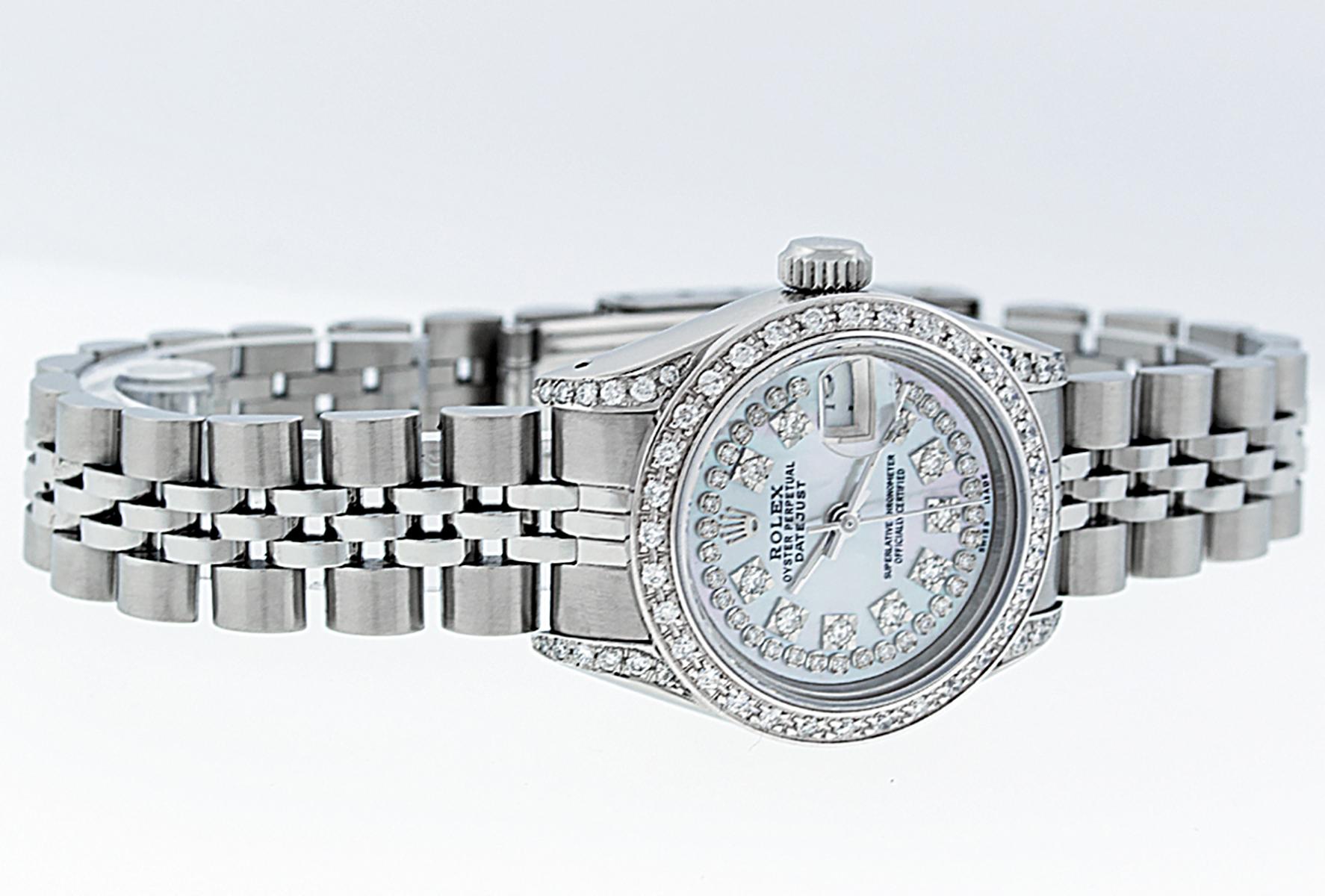 Round Cut Rolex Women's Datejust Watch Steel / 18 Karat White Gold MOP String Diamond Dial