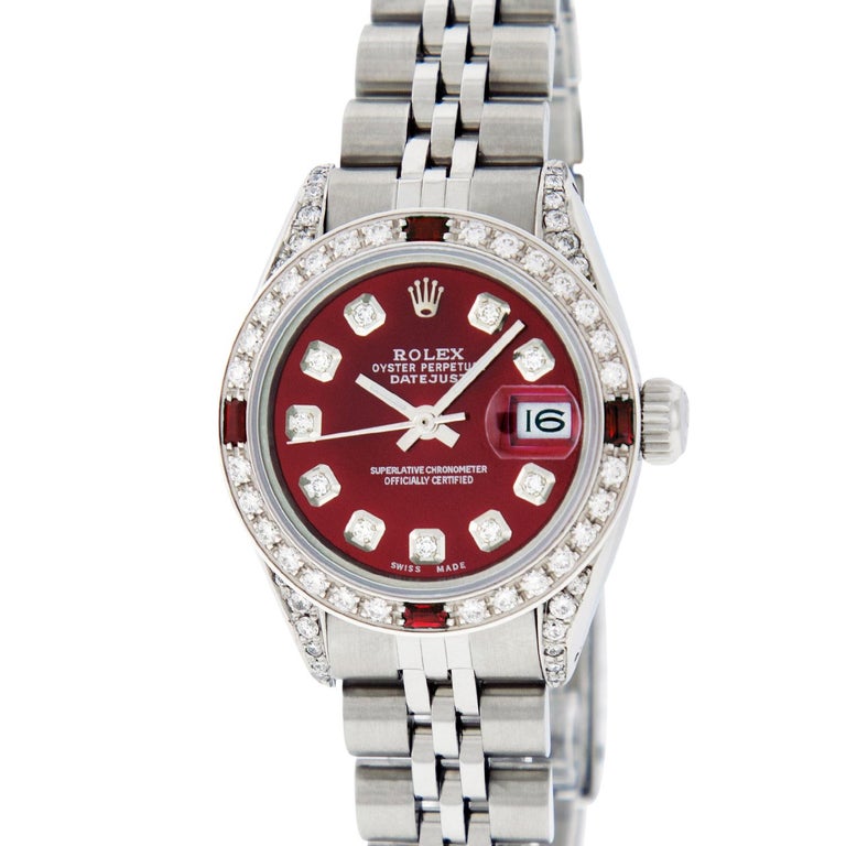 Rolex Women S Datejust Watch Steel 18 Karat White Gold Red Diamond Dial Ruby For Sale At 1stdibs
