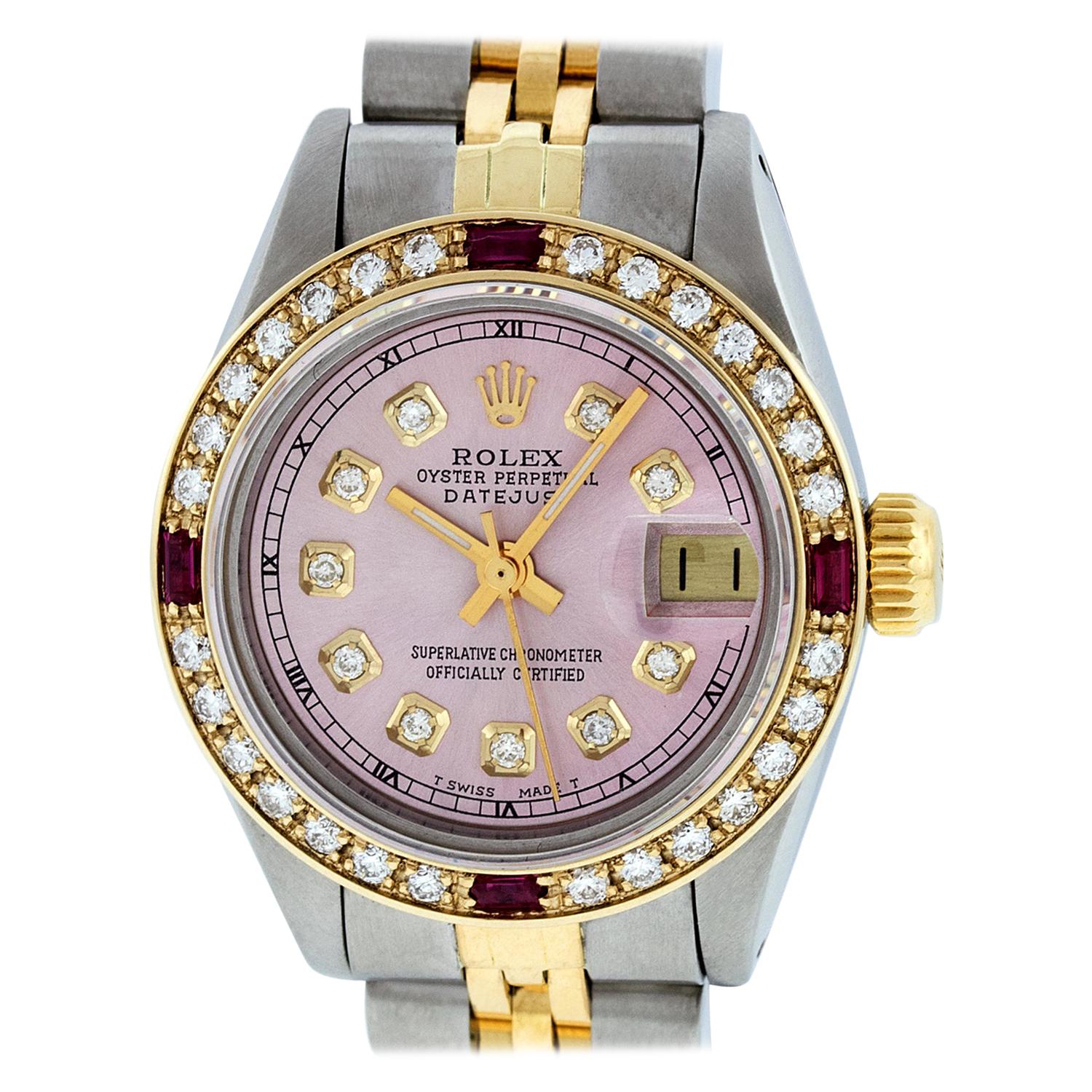 Rolex Women's Datejust Watch Steel / 18 Karat Yellow Gold Pink Diamond Dial Ruby