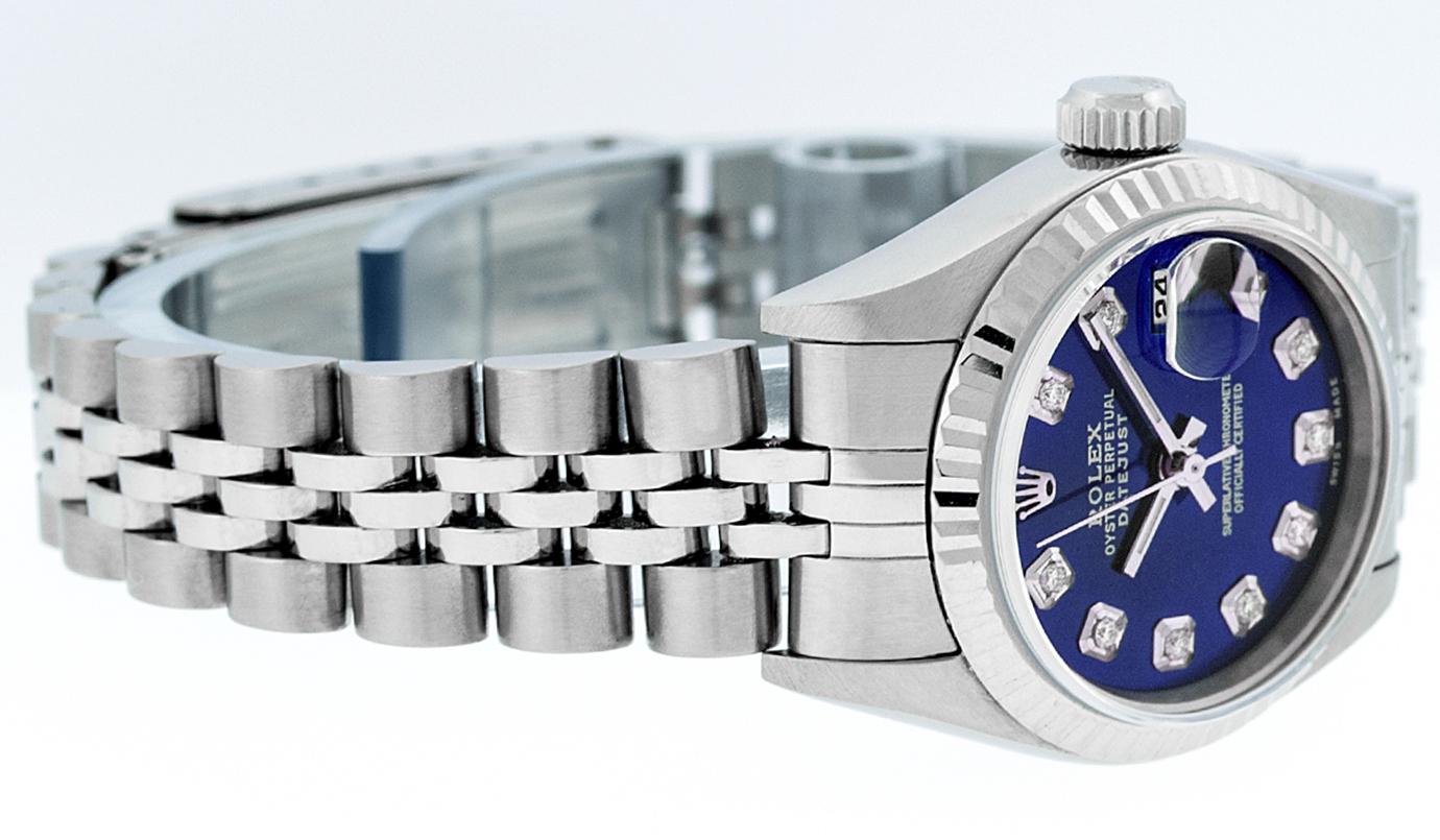 Round Cut Rolex Women's Datejust Watch Steel / 18 Karat White Gold Blue Diamond Dial