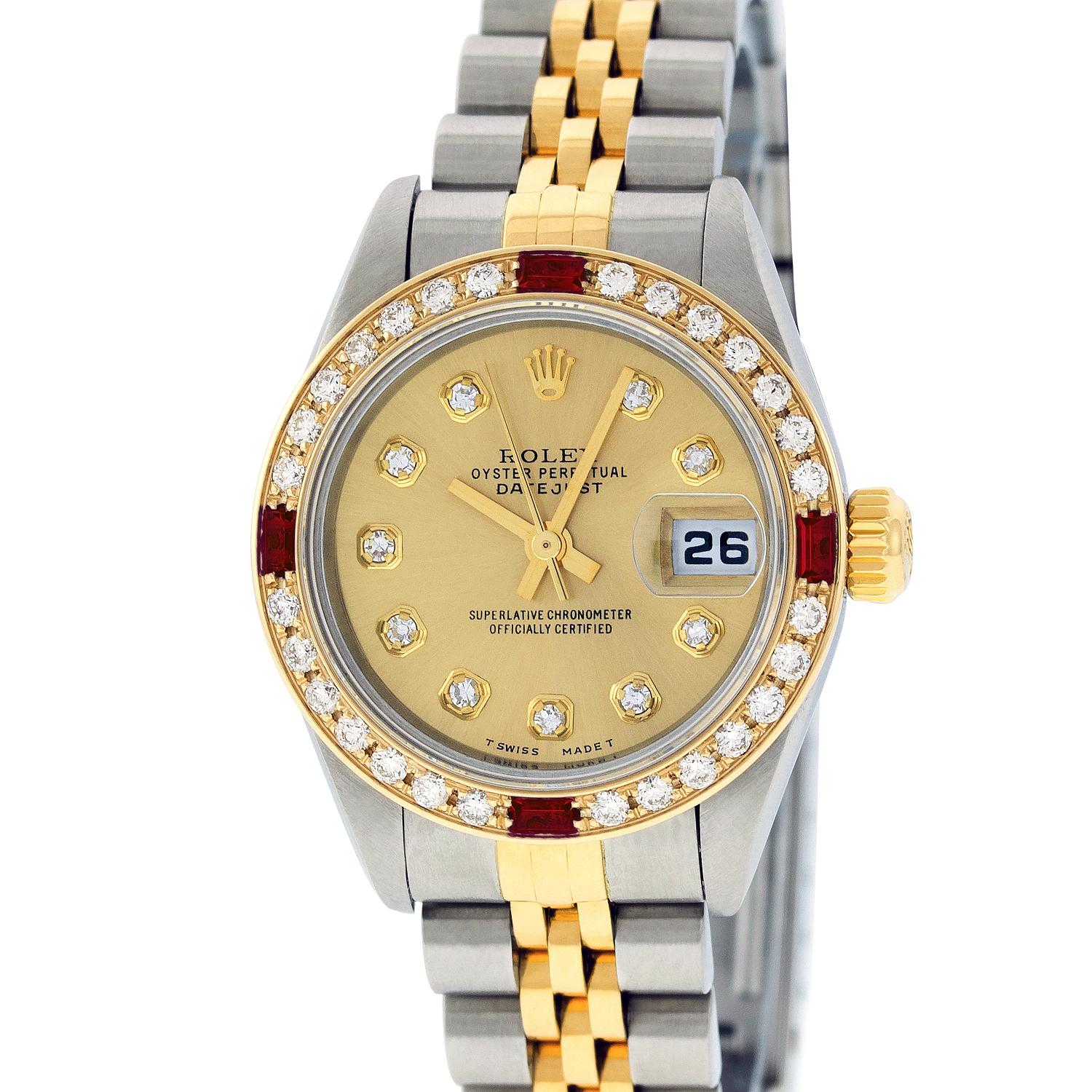 WATCH DESCRIPTION
 
BRAND : Rolex
MODEL : Datejust
CASE SIZE : 26mm
CASE : Rolex Stainless Steel Case
GENDER : Women's

WATCH FEATURES
 
DIAL : Rolex Professionally Refinished Champagne Dial set with aftermarket Genuine (VVS H Color) Diamond Hour