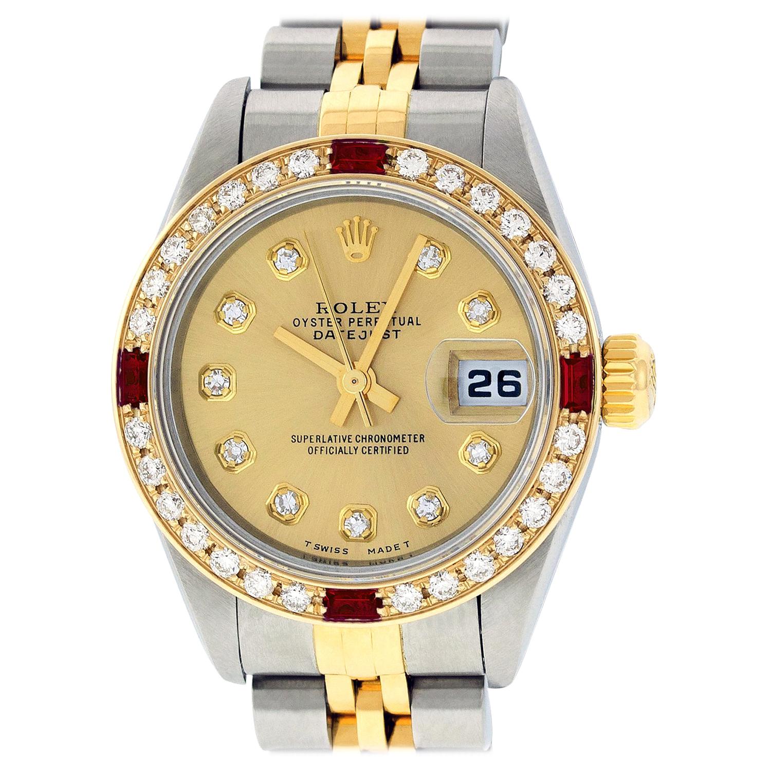 Rolex Women's Datejust Watch Steel / 18K Yellow Gold Champagne Diamond Dial Ruby