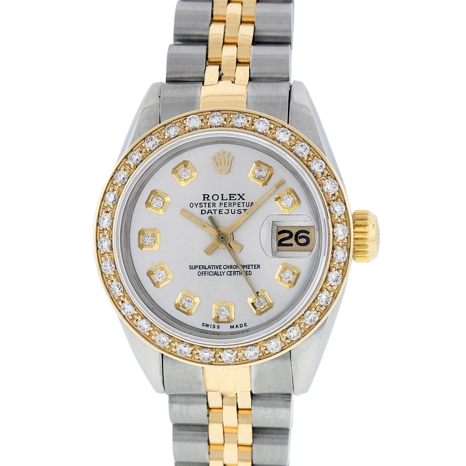 WATCH DESCRIPTION

BRAND : Rolex
MODEL : Datejust
CASE SIZE : 26mm
CASE : Rolex Stainless Steel Case
GENDER : Women's

WATCH FEATURES
 
DIAL : Rolex Professionally Refinished Silver Dial set with aftermarket Genuine Round (VVS H Color) Diamond Hour
