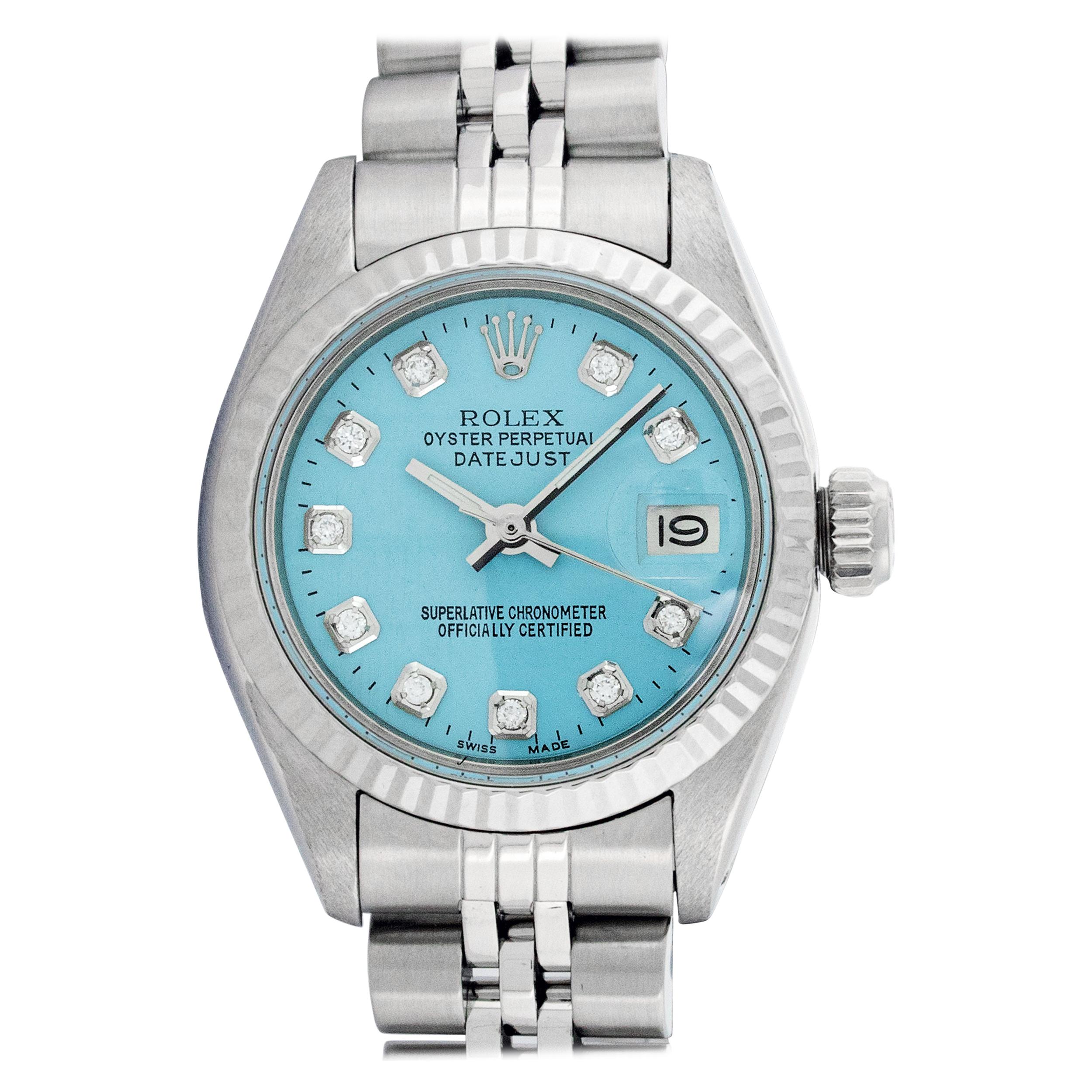 Rolex Women's Ice Blue Diamond Datejust White Gold Fluted Bezel
