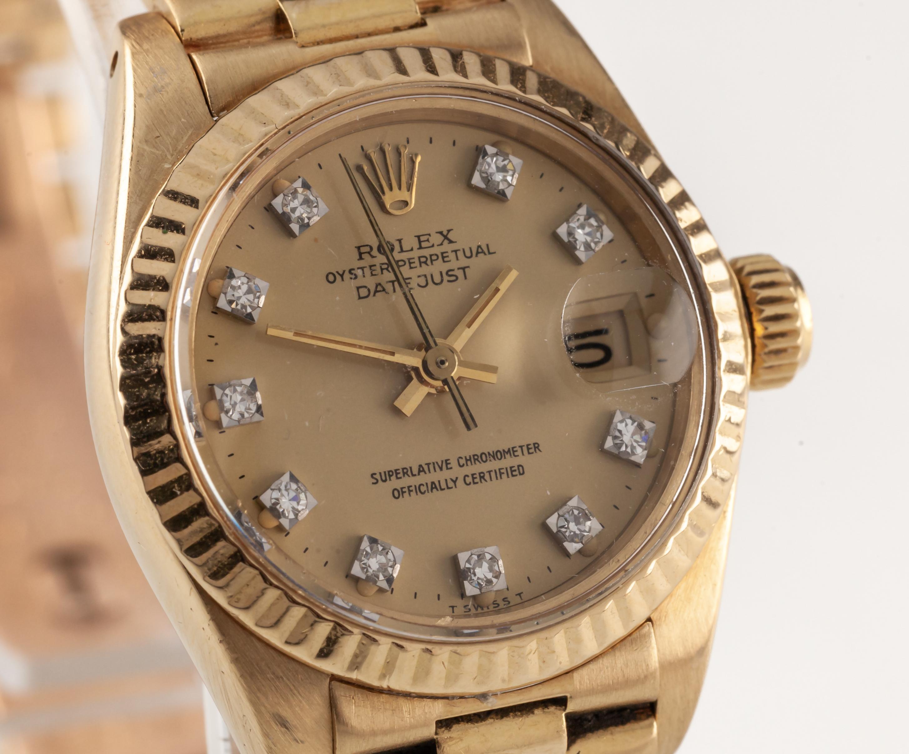 Round Cut Rolex Women's President 18k Yellow Gold OPDJ 6917 Diamond Dial 1981 For Sale