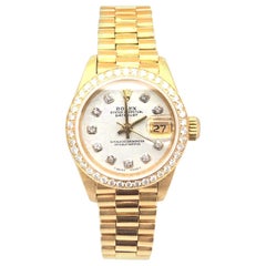 Rolex Women's President Yellow Gold Custom Diamond Bezel and White Diamond Dial