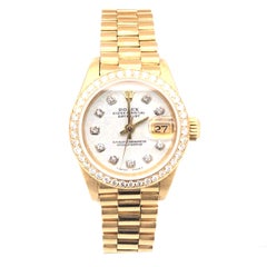 Rolex Women's President Yellow Gold Custom Diamond Bezel and White Diamond Dial