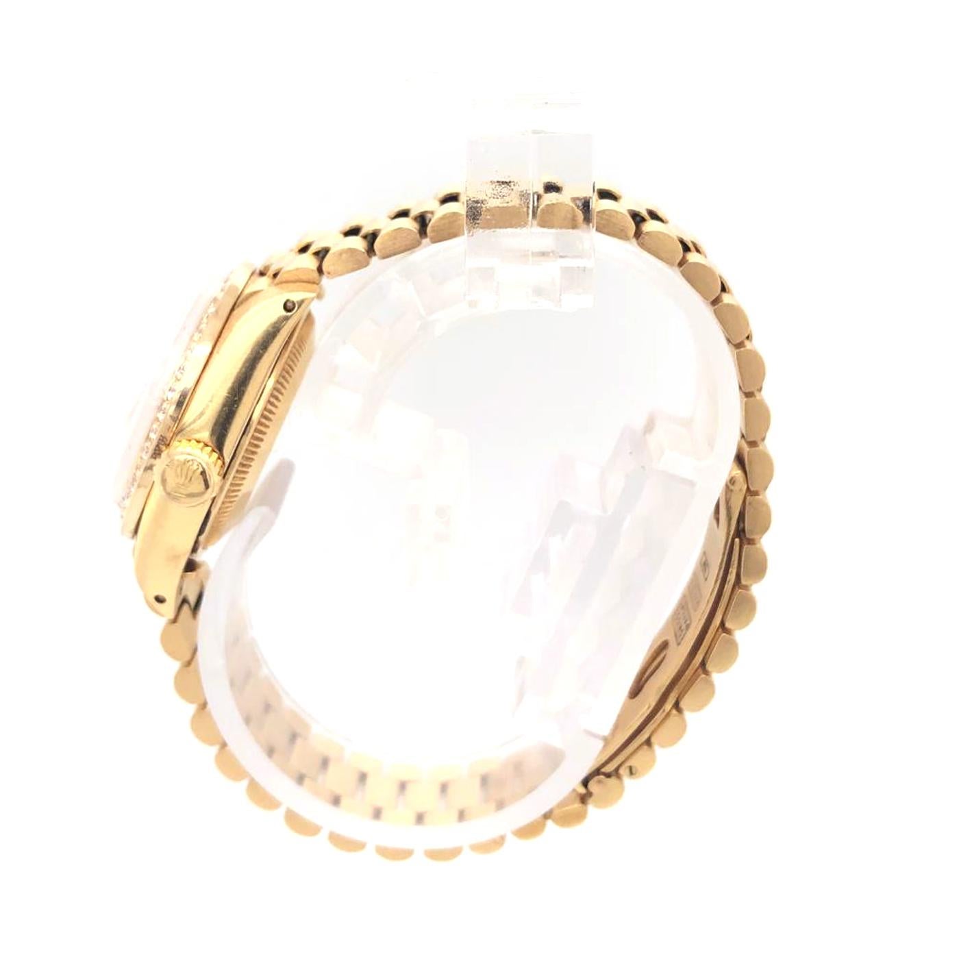 Modern Rolex Women's President Yellow Gold Custom Diamond Bezel and White Diamond Dial